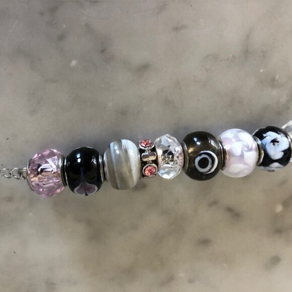Murano Glass Slider Charm Bracelet Silver Pink Black 11 in long - Picture 8 of 15